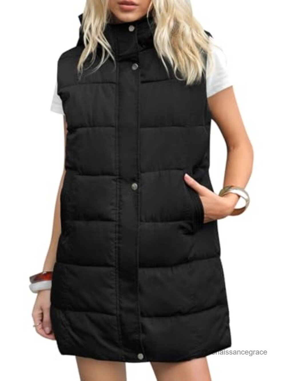 Long Hooded Quilted Puffer Vest Zip Up Sleeveless Winter Outerwear